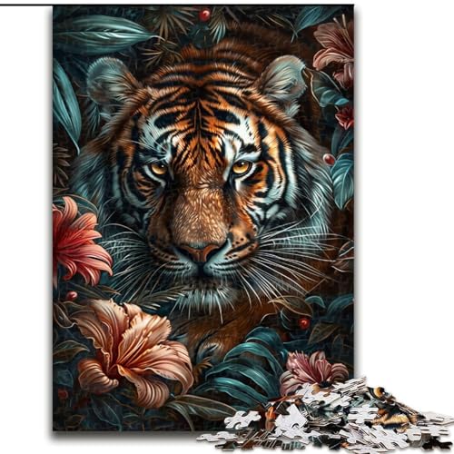 1000-teiliges Puzzle Blumen und Tiger für Erwachsene und Jugendliche ab 14 Jahren, Lernspiel, Herausforderung, Spielzeug, Geschenk zum Geburtstag (Größe 50x75cm) von LiJianXXE