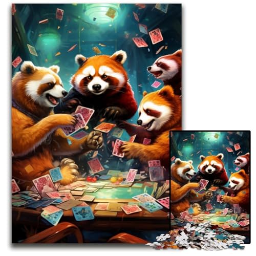 1000-teiliges Puzzle-Geschenk „Roter Panda spielt Poker“, Holzpuzzle für Erwachsene, pädagogisches Denkspiel, künstlerische Heim- und Bürodekoration, ab 14 Jahren, 50x75cm/19,68x29,52 Zoll von LiJianXXE