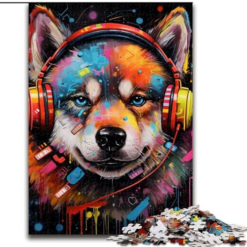1000-teiliges Puzzle für Erwachsene, Husky mit Kopfhörern, aus Holz, lustige Aktivität für zu Hause, 50x75cm, Lernspielzeug für Teenager, Dekoration für das Homeoffice von LiJianXXE