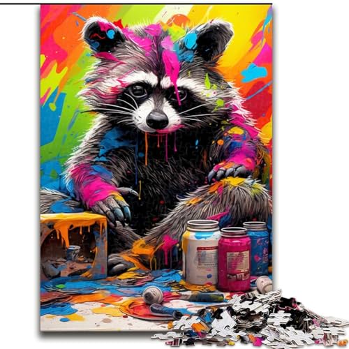 1000-teiliges Puzzle für Erwachsene, Psychedelisches Tier-Waschbär-Puzzle aus Holz, Eltern, Partner, Freunde – ab 14 Jahren, 1000 Teile(50x75cm) von LiJianXXE