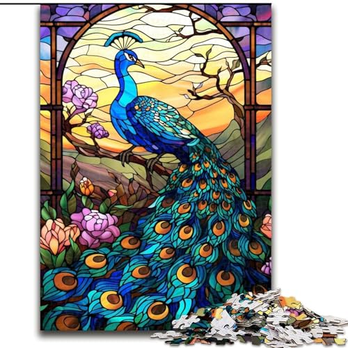 1000-teiliges Puzzle für Erwachsene und Jugendliche, Buntglas-Pfau, Spielzeug, Lernspiele, stressabbauende Wanddekoration (Größe 26x38cm) von LiJianXXE