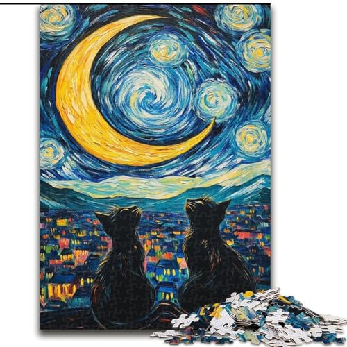 1000-teiliges Puzzle für Erwachsene und Jugendliche, Nachthimmel, Schwarze Katze, Spielzeug, Lernspiele, Stressabbau, Stärkung der Liebe zwischen Paaren (Größe 26x38cm) von LiJianXXE