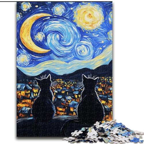 1000-teiliges Puzzle für Erwachsene und Jugendliche, Nachthimmel, Schwarze Katze, für Kinder ab 14 Jahren, Lernspiel, Herausforderung, Spielzeug, Geschenk zum Geburtstag (Größe 50x75cm) von LiJianXXE
