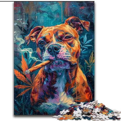 1000-teiliges Puzzle für Erwachsene und Jugendliche, Staffordshire Bullterrier rauchend, Stressabbau, schwierige Herausforderung, Wichtelgeschenke (Größe 50x75cm) von LiJianXXE