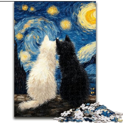 1000-teiliges Puzzle für Erwachsene und Jugendliche, Sternenhimmel, schwarz-weiße Katze, Spielzeug, Lernspiele, Stressabbau, Stärkung der Liebe zwischen Paaren (Größe 26x38cm) von LiJianXXE