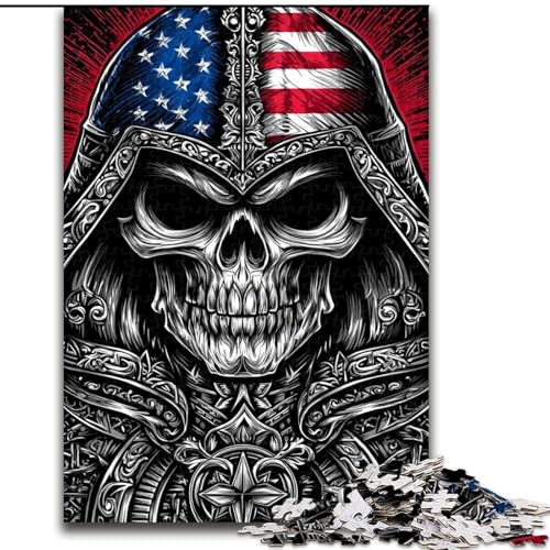 1000-teiliges Puzzle für Erwachsene und Jugendliche, Totenkopf mit amerikanischer Flagge, Lernspielzeug, Familienspiele, einzigartige Geburtstags- und Geschenkideen (Größe 26x38cm) von LiJianXXE