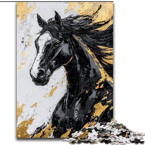 1000-teiliges Puzzle für Erwachsene und Jugendliche, schwarzes goldenes Pferd, Spielzeug, Lernspiele, Stressabbau, Stärkung der Liebe zwischen Paaren (Größe 26x38cm) von LiJianXXE