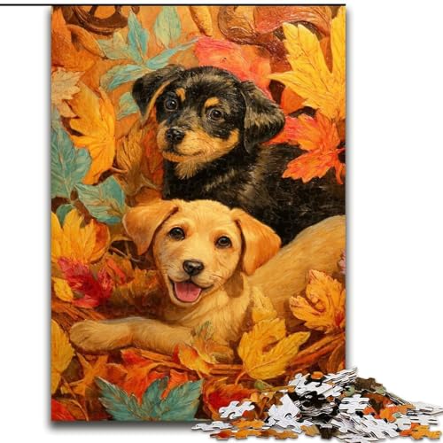 1000-teiliges Puzzle für Erwachsene und Teenager, Welpe im Laub, Spielzeug, Lernspiele, Stressabbau, Stärkung der Liebe zwischen Paaren (Größe 26x38cm) von LiJianXXE