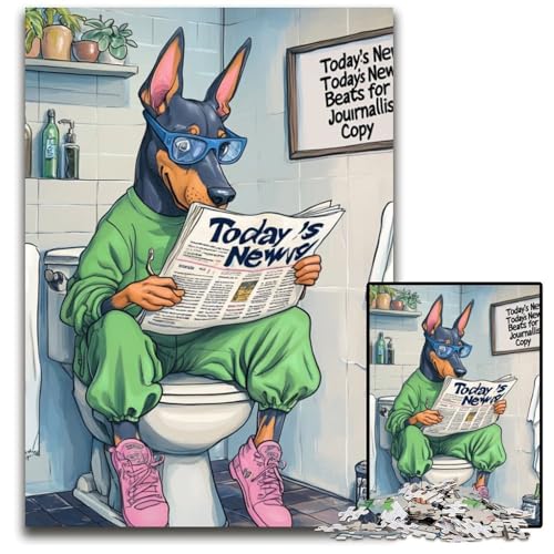 Doberman Go Toilet Puzzle 1000 Teile Puzzle für Erwachsene, Denksportaufgabe, Teenager und Heimdekoration, 26x38cm/10,23x14,96 Zoll von LiJianXXE
