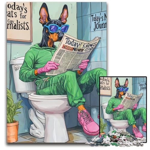 Doberman Go Toilet Puzzle für Erwachsene, 1000-teiliges Holzpuzzle, schwieriges Denkspiel für Teenager, 50x75cm/19,68x29,52 Zoll von LiJianXXE