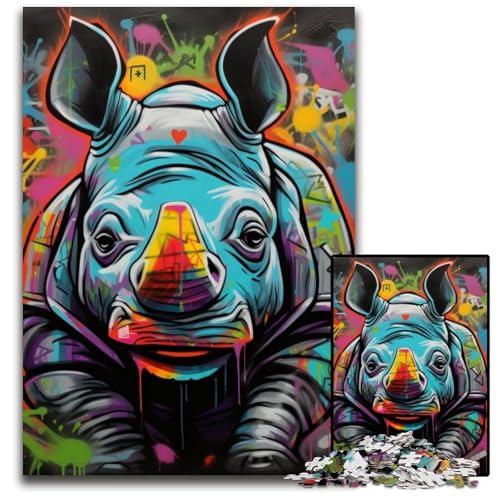 Graffiti-Malerei-Nashorn-Puzzle 1000 Teile für Erwachsene, Puzzle, ideal für Teenager und Sammler, Reisegeschenk, Familienaktivität, 26x38cm/10,23x14,96 Zoll von LiJianXXE