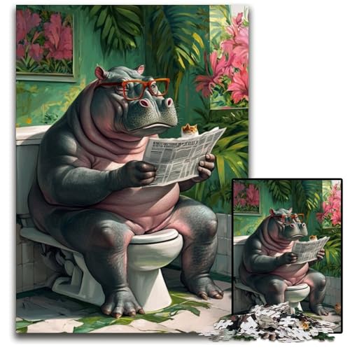 Puzzle 1000 Teile, Hippo Go Toilet, Puzzles für Erwachsene, Entspannung und Herausforderung, farbenfrohe Heimdekoration, Freunde, 50x75cm/19,68x29,52 Zoll von LiJianXXE