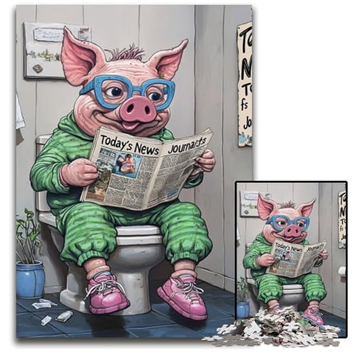Puzzle 1000 Teile „Pig Go Toilet“ Holzpuzzle für Erwachsene, kreatives Familienspiel und Heimdekoration, Teenager, 50x75cm/19,68x29,52 Zoll von LiJianXXE