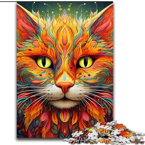 Puzzle 1000 Teile Psychedelische Katze aus Holz, Hochschwieriges Denkspiel für Jugendliche 50x75cm für Geburtstage, Feiertage und besondere Anlässe von LiJianXXE