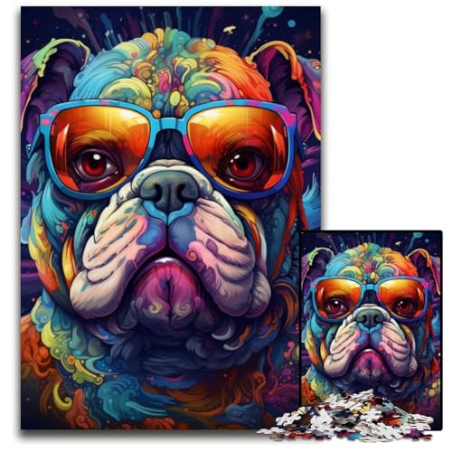 Puzzle 1000 Teile für Erwachsene, Bulldogge mit Brille, schwierige Puzzles für Erwachsene, Gehirn-Herausforderung, Geschenk, pädagogische Aktivität für Teenager, 26x38cm/10,23x14,96 Zoll von LiJianXXE