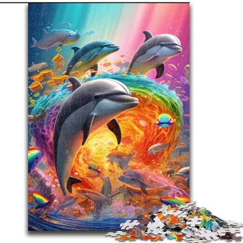 Puzzle 1000 Teile für Erwachsene, Bunte Delfine, aus Holz, interaktives Familienspiel, DIY-Heimdekoration, Gehirn-Herausforderung, Geschenk, 1000 Teile(50x75cm) von LiJianXXE