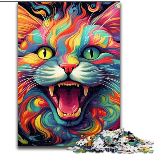 Puzzle 1000 Teile für Erwachsene, Bunte Kunstkatze aus Holz, einzigartige DIY-Geschenkidee zur Heimdekoration, 50x75cm, anspruchsvolles Denkspiel – entspannendes Spielzeug für Teenager von LiJianXXE
