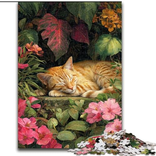 Puzzle 1000 Teile für Erwachsene, Geschenke, Blumen und orangefarbene Katze, für und ab 14 Jahren, pädagogisches Lernspielzeug, Familienspiele, Geburtstagsgeschenk (Größe 26x38cm) von LiJianXXE