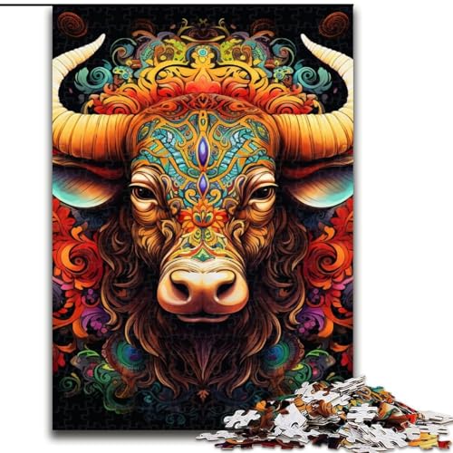 Puzzle 1000 Teile für Erwachsene, Psychedelischer Büffel, aus Holz, einzigartige DIY-Geschenkidee zur Heimdekoration, 50x75cm, anspruchsvolles Denkspiel – entspannendes Spielzeug für Teenager von LiJianXXE