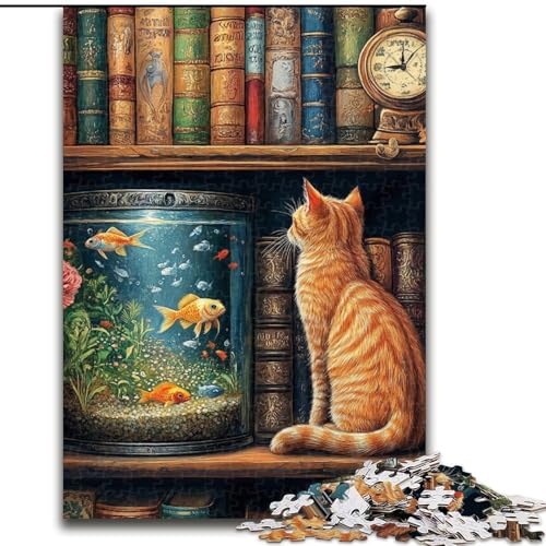 Puzzle 1000 Teile für Teenager, Geschenke Katze im Bücherregal, für Kinder ab 14 Jahren, Lernspiel, Herausforderung, Spielzeug, Geschenk zum Geburtstag (Größe 50x75cm) von LiJianXXE