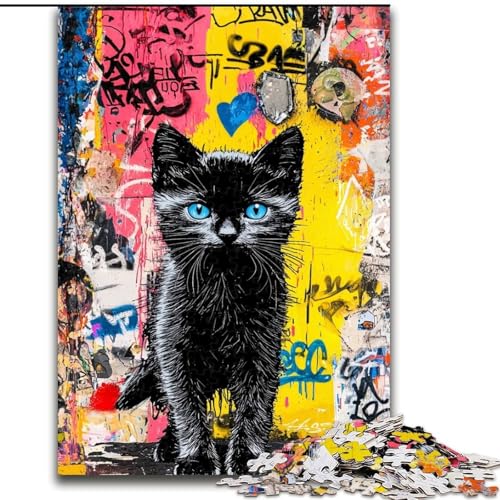 Puzzle 1000 Teile für Teenager-Geschenke, Graffiti mit schwarzer Katze, für Kinder ab 14 Jahren, Lernspiel, Herausforderung, Spielzeug, Geschenk zum Geburtstag (Größe 26x38cm) von LiJianXXE