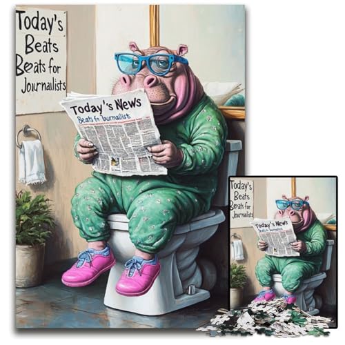 Puzzle für Erwachsene, 1000 Teile, Hippo Go Toilet, Holzpuzzle für Erwachsene, Heimaktivität für Feiertage, Geburtstage und Familienspieleabende, 50x75cm/19,68x29,52 Zoll von LiJianXXE