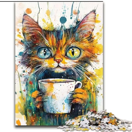 Puzzle für Erwachsene, 1000 Teile, Katze trinkt Kaffee, Familienunterhaltungsspielzeug ganze Familie, für Kinder ab 14 Jahren (Größe 26x38cm) von LiJianXXE