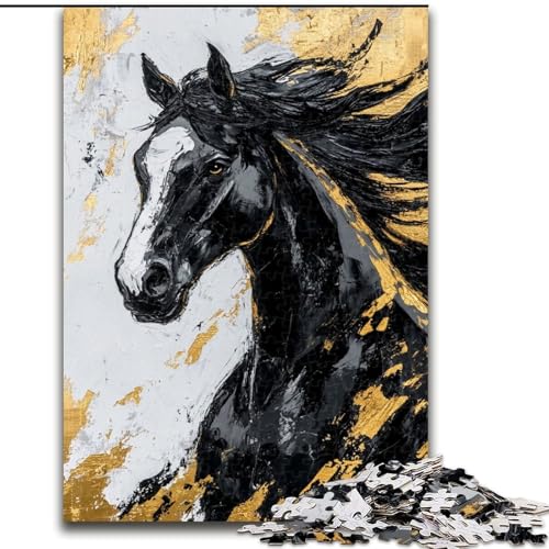 Puzzle für Erwachsene,1000 Teile,Schwarzes Goldenes Pferd,für Kinder ab 14 Jahren Jedes Teil ist einzigartig – lustiges und herausforderndes Spiel für die ganze Familie Tolles Geschenk (Größe 50x75cm) von LiJianXXE