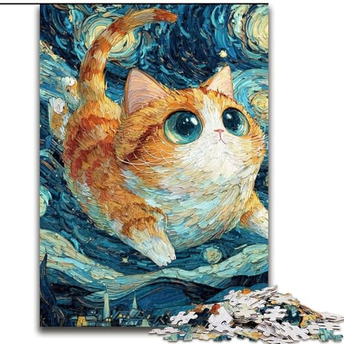 Puzzle für Erwachsene und Jugendliche, Katze am Nachthimmel, für 14+, anspruchsvolles Spiel als Geschenk für die ganze Familie und Freunde (Größe 26x38cm) von LiJianXXE