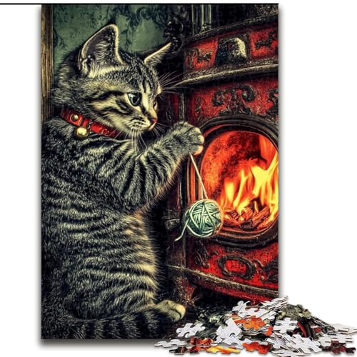 Puzzle für Erwachsene und Jugendliche Katze am Kamin, für 14+, anspruchsvolles Spiel als Geschenk für die ganze Familie und Freunde (Größe 50x75cm) von LiJianXXE