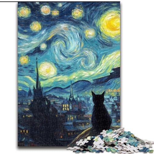 Puzzle für Erwachsene und Jugendliche Katze unter dem Sternenhimmel, für 14+, anspruchsvolles Spiel als Geschenk für die ganze Familie und Freunde (Größe 50x75cm) von LiJianXXE