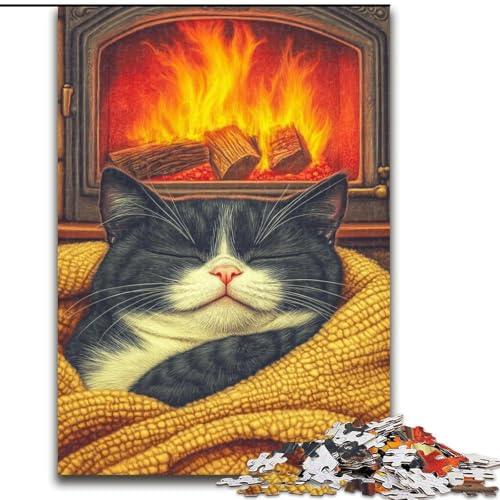 Puzzle für Teenager, 1000 Teile, Katze am Kamin, Quizspiel, Wanddekoration, einzigartige Geburtstags (Größe 26x38cm) von LiJianXXE