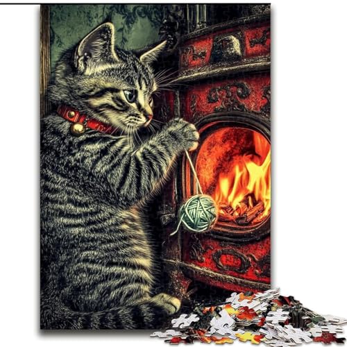 Puzzle für Teenager, 1000 Teile, Katze am Kamin, Quizspiel, Wanddekoration, einzigartige Geburtstags (Größe 26x38cm) von LiJianXXE