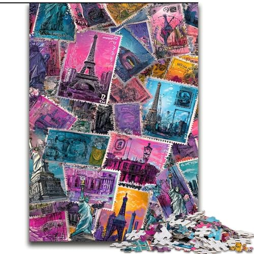 Puzzle für Teenager, 1000 Teile, Pariser Briefmarkencollage, Quizspiel, Wanddekoration, einzigartige Geburtstags (Größe 26x38cm) von LiJianXXE