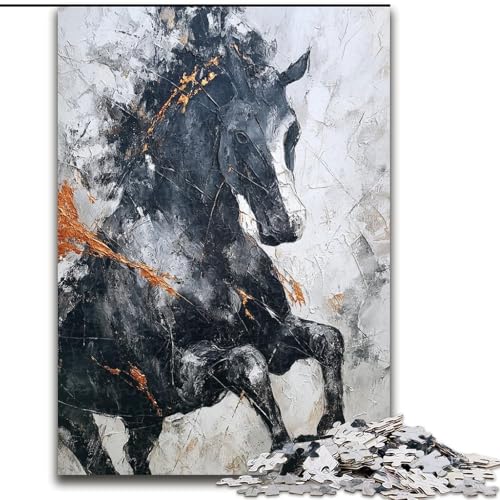 Puzzle für Teenager, 1000 Teile, Schwarzes Goldenes Pferd, Familienspiel, Stressabbau, Schwierige Herausforderung, Fördert die Liebe zwischen Paaren (Größe 26x38cm) von LiJianXXE