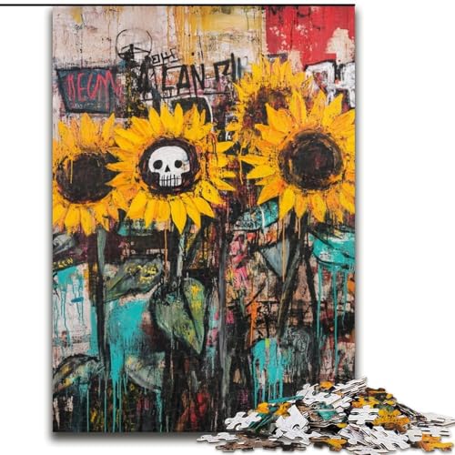 Puzzle für Teenager, 1000-teiliges Puzzle, Sonnenblumenschädel im Basquiat-Stil, Elefantenspielzeug, Denkspiel, Geburtstagsgeschenk, Geschenke, Wandkunst für Kinder ab 14 Jahren (Größe 50x75cm) von LiJianXXE