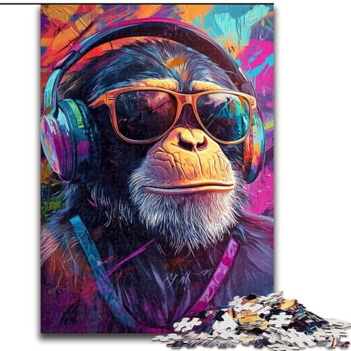 Puzzle für Teenager, Schimpanse mit Kopfhörern, Familienspiel zum Stressabbau, schwierige Herausforderung, EIN Kunstwerk für Kinder ab 14 Jahren (Größe 50x75cm) von LiJianXXE
