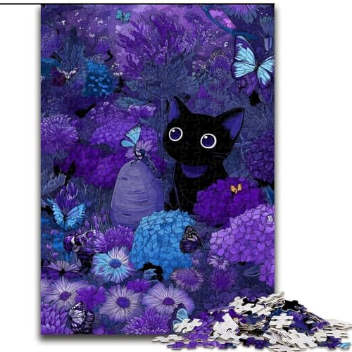 Puzzles für Erwachsene und Jugendliche, 1000 Teile, Lavendel-Schwarze Katze, Lernspielzeug, einzigartige Geburtstags- und Geschenkideen für Kinder ab 14 Jahren (Größe 26x38cm) von LiJianXXE