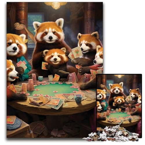Roter Panda spielt Poker, Puzzle 1000 Teile für Erwachsene, Puzzle für Erwachsene, pädagogisches Denkspiel, künstlerische Heim- und Bürodekoration, ab 14 Jahren, 26x38cm/10,23x14,96 Zoll von LiJianXXE