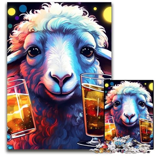 Schaf trinkt Bier Puzzle für Erwachsene 1000 Teile Kartonpuzzle Perfekt für Teenager und Sammler, Ideale Heimdekoration und Reisegeschenk 26x38cm/10,23x14,96 Zoll von LiJianXXE