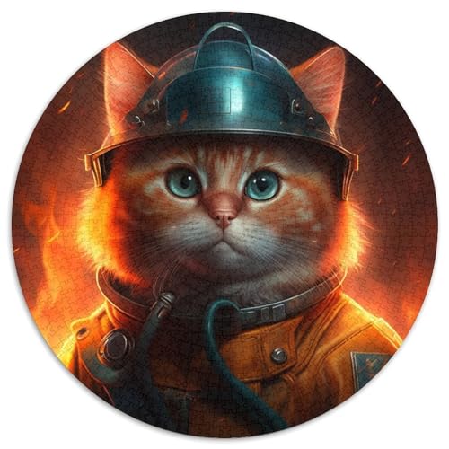 1000-teiliges Puzzle, Feuerwehrmann-Katze, 1000-teiliges rundes Puzzle für Erwachsene, Weihnachten, Halloween, Ostern, Neujahr, 67,5 x 67,5 cm von LiJianXXL
