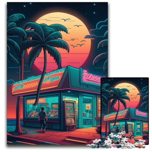1000-teiliges Puzzle, Neon-Retro-Strand, Holzpuzzle, anspruchsvolles Denkspiel, Familienaktivität, Heimdekoration, 50x75cm/19,68x29,52 Zoll von LiJianXXR