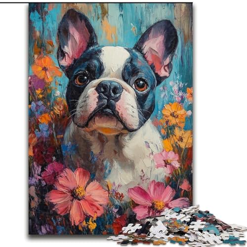 1000-teiliges Puzzle für Erwachsene und Jugendliche, Blumen-Bulldogge, Lernspiele, Heimdekoration, geeignet für die Schreibtischdekoration (Größe 26x38cm) von LiJianXXR
