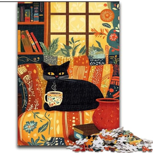 1000-teiliges Puzzle für Erwachsene und Jugendliche, Schwarze Katze trinkt Kaffee, Lernspielzeug, einzigartige Geburtstags- und Geschenkideen für Kinder ab 14 Jahren (Größe 26x38cm) von LiJianXXR