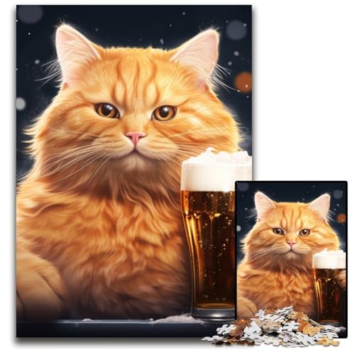 Biertrinkende Katze Puzzle für Erwachsene, 1000-teiliges Holzpuzzle, anspruchsvolles DIY-Denkspiel für Teenager, 50x75cm/19,68x29,52 Zoll von LiJianXXR