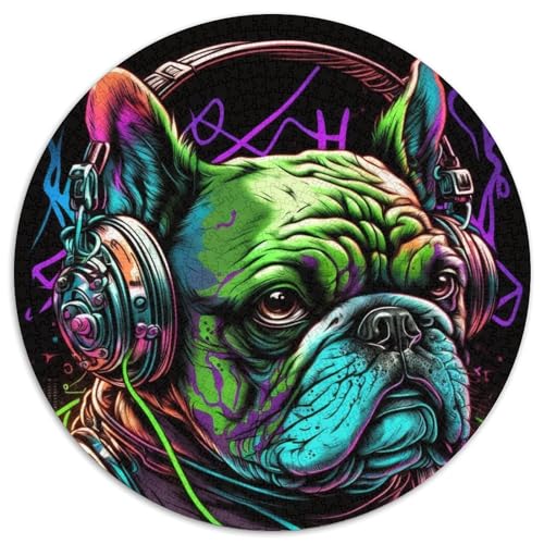 Kopfhörer-Bulldogge, 1000-teiliges Puzzle für Erwachsene, 1000-teiliges rundes Puzzle-Geschenk, ideales DIY-Dekor und Denksport-Geschenk, 67,5 x 67,5 cm von LiJianXXR