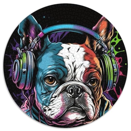 Kopfhörer-Bulldoggen-Puzzle für Erwachsene, 1000 Teile, runde Puzzles, 1000 Teile für Erwachsene, Denkspiel für Teenager, 67,5 x 67,5 cm von LiJianXXR