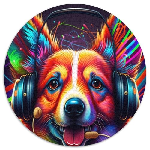 Kopfhörer-Corgi, 1000-teiliges Puzzle für Erwachsene, rund, 1000 Teile, für Erwachsene, Spaß am Familienspielabend, dekoratives Kunstwerk zum Selbermachen, 67,5 x 67,5 cm von LiJianXXR