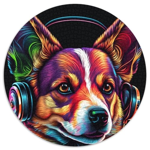 Kopfhörer-Corgi-Puzzle für Erwachsene, 1000 Teile, 1000-teiliges rundes Puzzle für Erwachsene, Spaß für die ganze Familie, Basteln, perfekt für Geburtstage, Feiertage, 67,5 x 67,5 cm von LiJianXXR