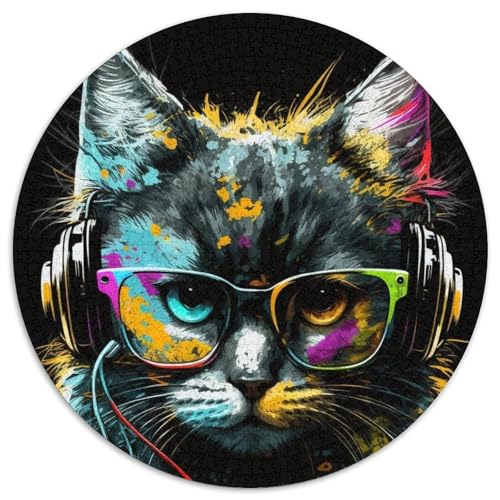 Kopfhörer-Katzen-Puzzle für Erwachsene, 1000 runde Puzzleteile, 1000 Teile, Familie und Freunde, geeignet für Kinder ab 14 Jahren, 67,5 x 67,5 cm von LiJianXXR